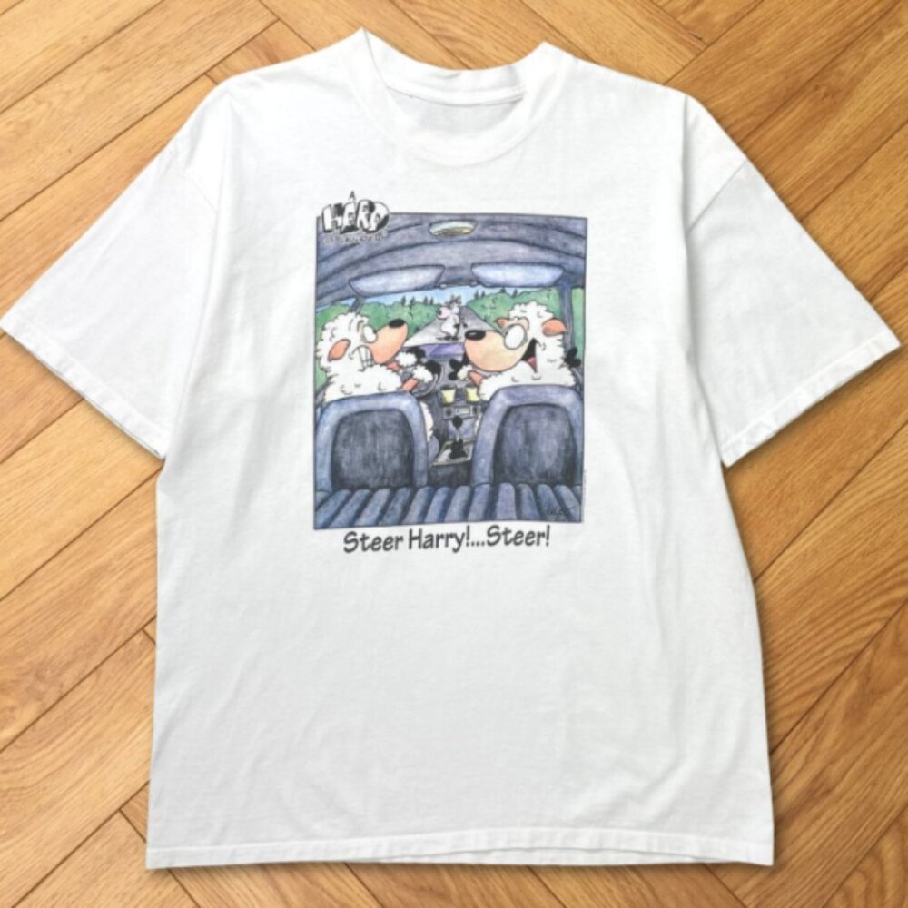 White Funny Driving Cartoon Steer Harry Comic Graphic Tee